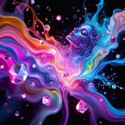 The primary subject of the image is a woman with a colorful, abstract background. The setting is a space filled with colorful, swirling shapes and patterns, creating a vibrant and lively atmosphere. The visual style is a combination of digital art and illustration, with the woman's face and the background being digitally created. The colors and mood of the image are predominantly bright and energetic, with the woman's face being the focal point of the scene.